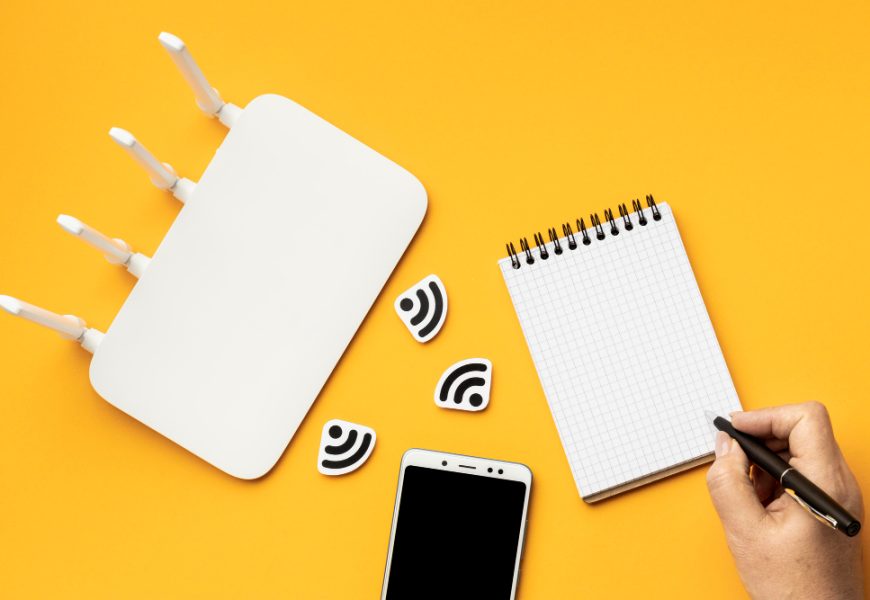 a router notepad mobile and wifi signs are placed on a table