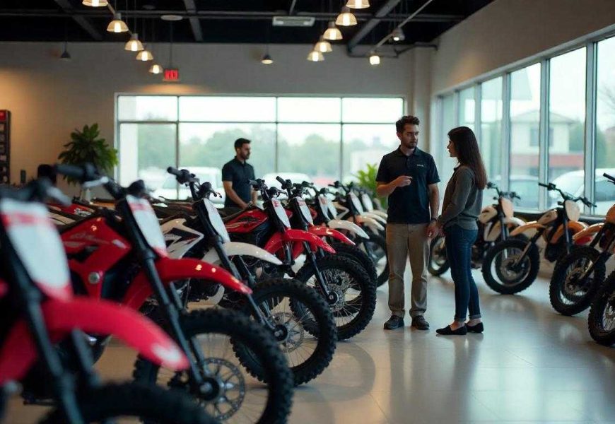 A range of Stark electric dirt bikes displayed in a dealership showroom, offering a variety of models for different off-road riders.