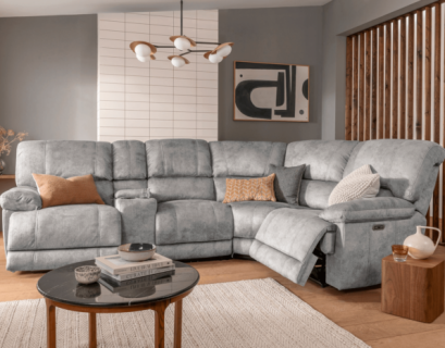 4 Seater Corner Reclining Electric Sofa​ in Silver with USB Port, Cupholders and Other Features